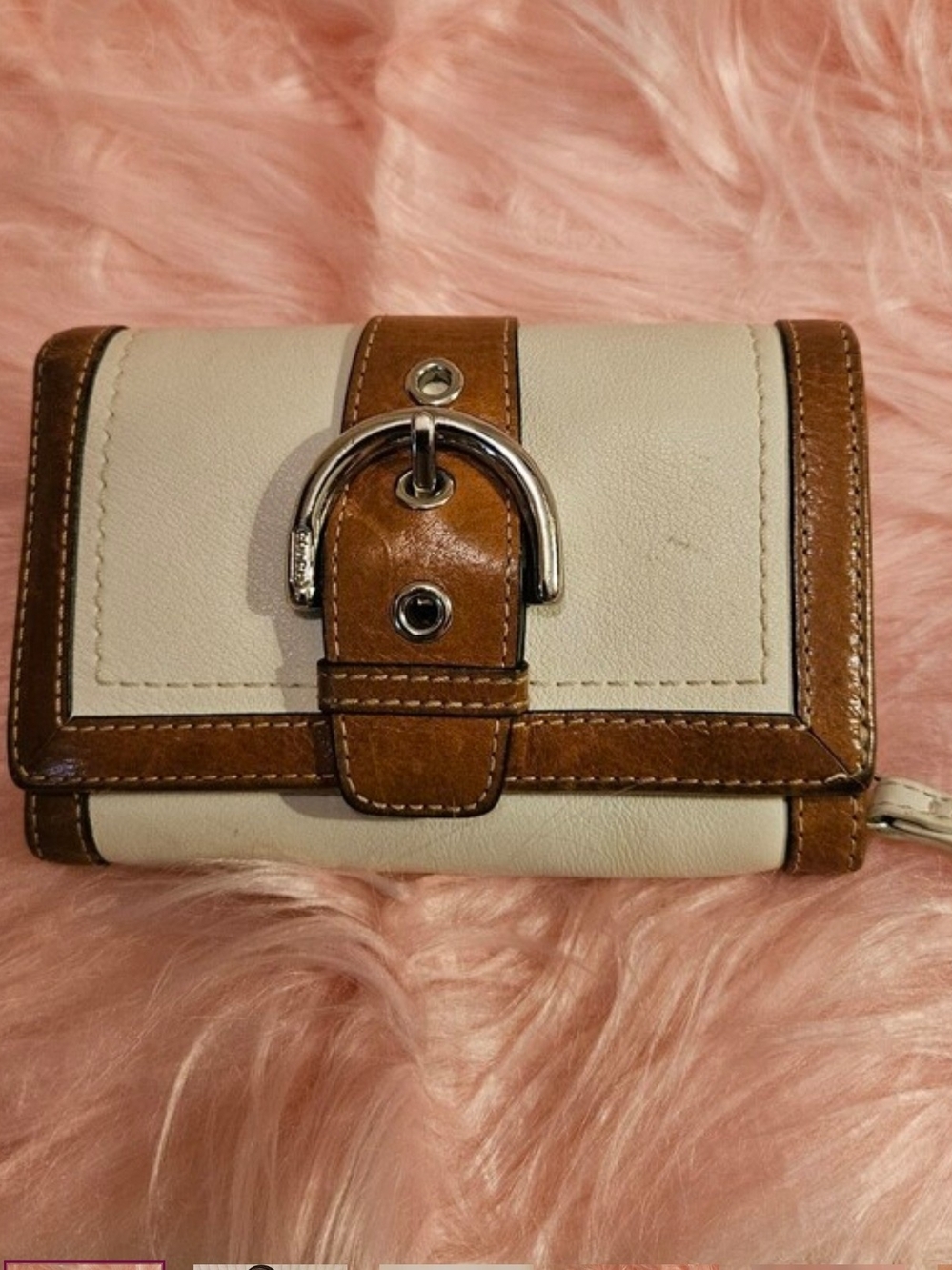 Coach☆Soho Buckle Leather Compact Wallet in Brown & Cream